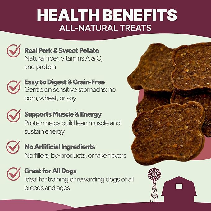 Gaines Family Farmstead Sweet Potato & Pork Dog Treats – 6 oz Pouch, Tastes Like Bacon! Chewy, Natural, Grain-Free, Limited Ingredient, Healthy Chews and Training Treats for Dogs, Made in USA