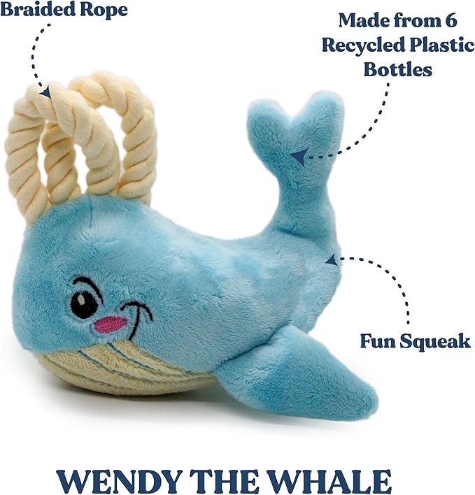 Ocean Collection Dog Toys | Jumbo Sized Wendy The Whale | Cute, Durable, & Sustainable Plush Chew Toys for Dogs 50 lbs & up | Eco Friendly & 100% Recycled Materials