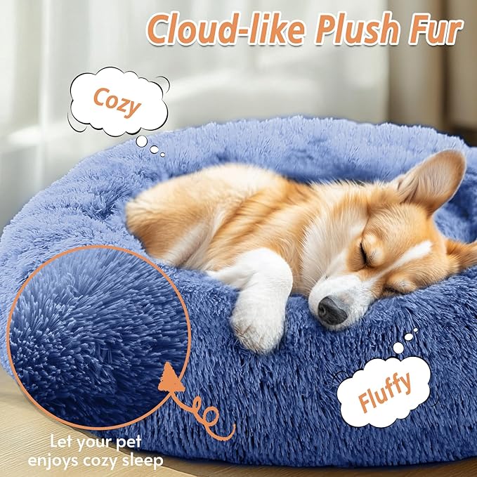 JOLLYVOGUE Medium Calming Dog Bed, Anti-Anxiety Donut Cuddler Cat Bed with Anti-Slip Bottom, Fluffy Faux Fur Machine Washable Pet Cushion for Medium Large Dog & Cat (31")