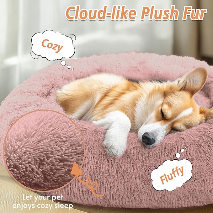 JOLLYVOGUE Calming Dog & Cat Bed for Small Dogs, Anti-Anxiety Donut Cuddler Cozy Soft Round Bed with Anti-Slip Bottom, Fluffy Faux Fur Plush Cushion Beds for Small Medium Dogs (27")