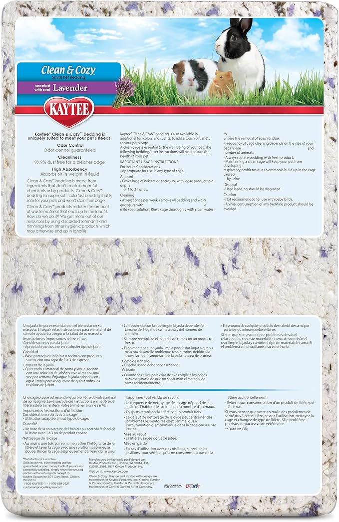 Kaytee Clean & Cozy Lavender Bedding For Pet Guinea Pigs, Rabbits, Hamsters, Gerbils, and Chinchillas, 49.2 Liters
