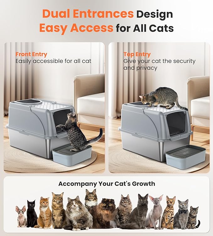 Stainless Steel Cat Box Dual Entrance XXL Large Litter Box for Cats, Covered Metal Kitty Litter Box with Flip Door, 16.6” High Wall& Litter Scoop, Gray 2 Pack