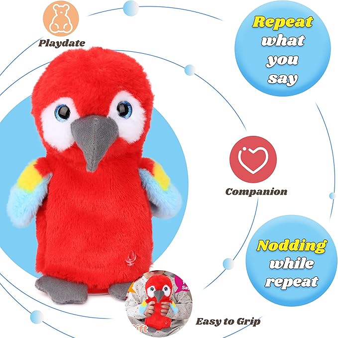 Hopearl Talking Parrot Repeats What You Say Nodding Electric Interactive Animated Toy Speaking Plush Buddy Gift for Toddlers, Red, 7.5''