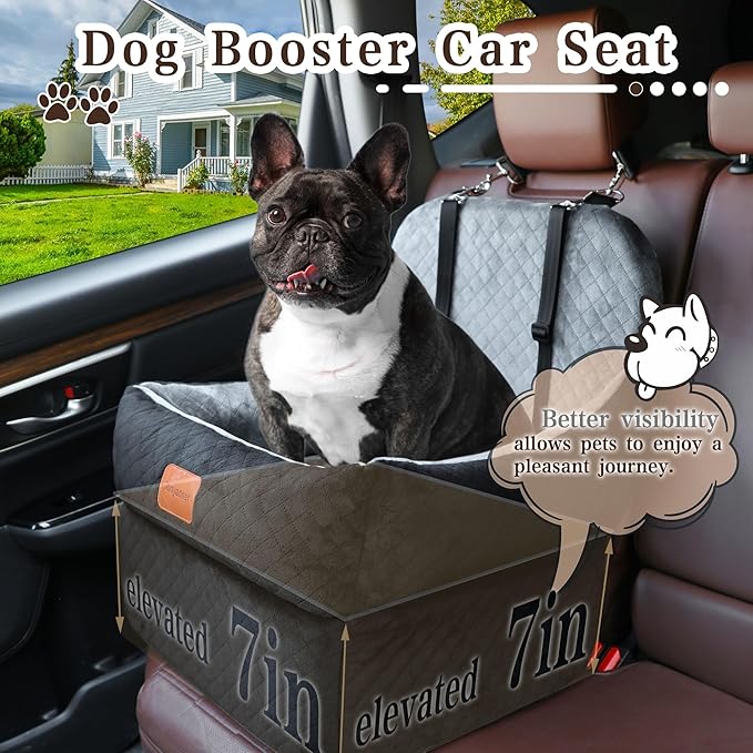 Dog Booster Car Seat for Small/Medium Dogs up to 35 lbs,Interior 7 Inches Elevated Pet Booster Seat,Ultra Soft Fabric and Memory Foam Car Dog Bed,Safety,Comfy,Fully Detachable Washable(H-Black/Grey)