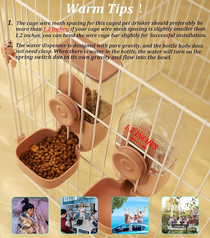 Kenond 35oz Hanging Automatic Pet Food Water Dispenser, Auto Gravity Pet Feeder and Waterer Set, Cage Cat Food Bowl Dog Feeding Station for Puppy and Kitten Rabbit Chinchilla Hedgehog Ferret (Pink)