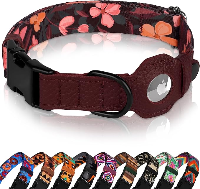 AirTag Dog Collar with Metal Buckle - Soft Leather Printed Nylon Dog Collar with Apple AirTag Holder - Cute Tracking GPS Pet Collars for Girl Boy Small Large Dogs (M, 14"-18" Neck Fit, Crossandra)