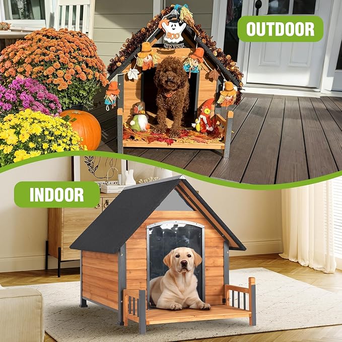 GUTINNEEN Outdoor Dog House Insulated Weatherproof Dog Kennel for Large Breed with All-Around Metal Frame, Anti-Bite Dog Shelter with Porch (Brown, 50.9'' Large)