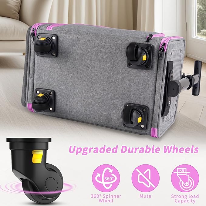 3-in-1 Upgraded Pet Carrier with Wheels, 18" x 11" x 11" TSA Airline Approved, Cat Carrier on Wheels for Small Cats Up to 15Lbs, Rolling Pet Carrier, Cat Soft-Sided Bag for Flying, Travel & Vet