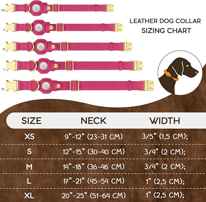 Leather Airtag Dog Collar - Soft Tracking Dog Collar with Apple AirTag Holder and Metal Buckle - Safety GPS Pet Collars for Small Medium Large Dogs Puppy Pink Red (Pink, XS, 9"-12" Neck Fit)