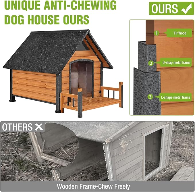 GUTINNEEN Outdoor Dog House Insulated Weatherproof Dog Kennel with Anti-Bite Metal Frame, Puppy Shelter with Insulated Liner and Porch for Small, Medium Large Dogs (Brown, 45’’ Medium)