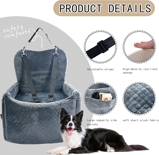 Small Medium Dog Car Seat Memory Foam Sponge Booster for Medium Dogs Under 35 lbs Ensure Comfort with Thick Cushion Detachable Washable Dog Bed Pet Car Seat with Storage Pockets for Toys Food