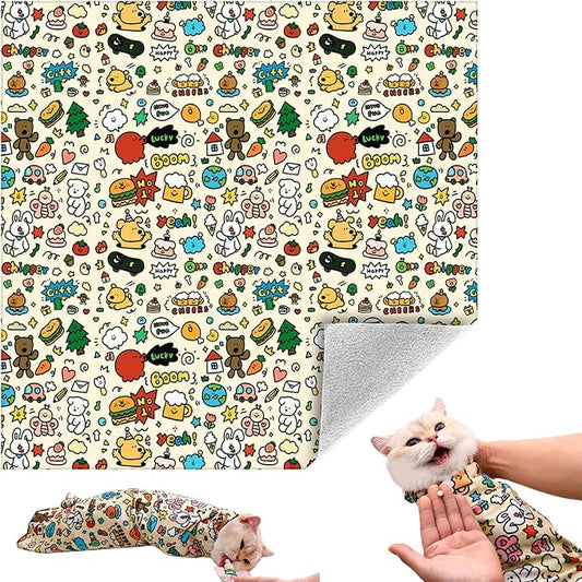 Cat Grooming Wrap, Self-Adherent Soft Cat Blanket to Wrap, Nail Clipping, Anti-Bite, Anti-Scratch, Anti-Escape Calming Wrap (Cute Prints, 0-3 lbs)