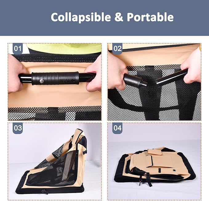 JESPET 30'' Soft Dog Crates Kennel for Pets, 3 Door Soft Sided Folding Travel Pet Carrier with Straps and Fleece Mat for Dogs, Cats, Rabbits, Grey Blue & Beige (30" L x 21" W x 23" H, Beige)