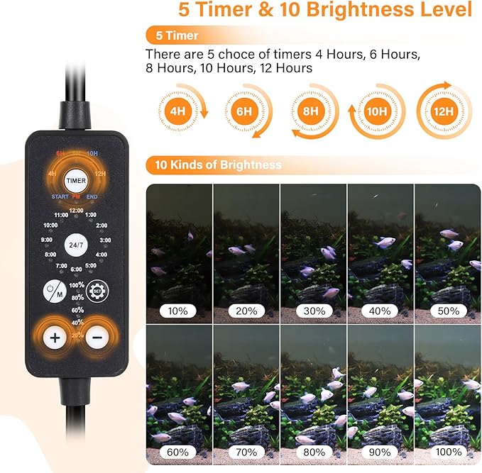 hygger Submersible LED Aquarium Light, 17W 19in 24/7 Mode Fish Tank Light with 5 Rows Beads, with Timer 9 Colors and Adjustable Brightness, Full Spectrum IP68 Waterproof Light for Fish Tank 20-35 inch