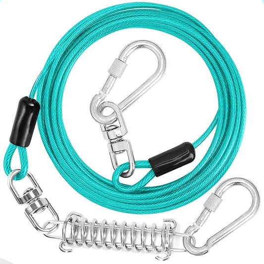 Jenico Dog Tie Out Cable - 10/15/20/30/40/50/70/100/150FT Runner Cable with Swivel Hook and Shock Spring, Outdoor and Camping Dog Leash Run Tether for Small to Medium Pets Up to 500 LBS