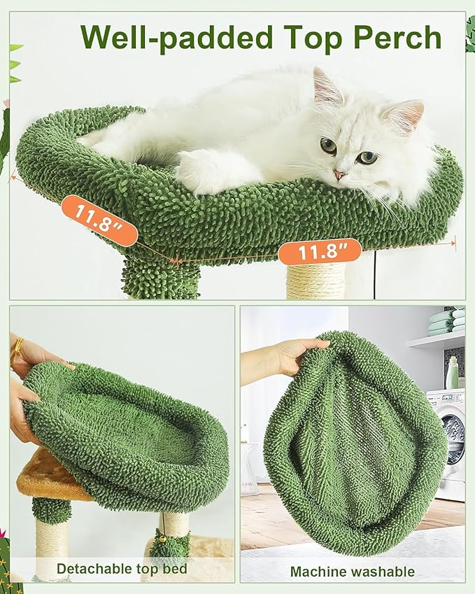 HOOPET 32IN Cactus Cat Tree for Indoor Cats - Multi-Level Cat Tower with Hammock, Condo, Scratching Posts, Self-Grooming Brush & Play Ball - Space-Saving Cat Furniture for Small Apartments