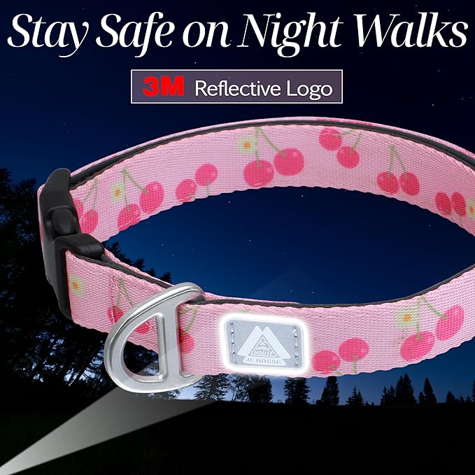 Girl Dog Collar, Durable Pink Cute Cherry Print Adjustable Collar with Aluminum D-Ring, Reflective Logo & Soft Padding Fits for Large Breed Dogs, Neck Size 16’’-25’’ (Cherry, L)