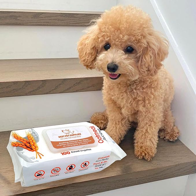 Best Pet Supplies Pet Wipes for Dogs - Dog Wipes Cleaning Deodorizing, or Coats, Ears, Paws - Soothing Oatmeal, 100 Count