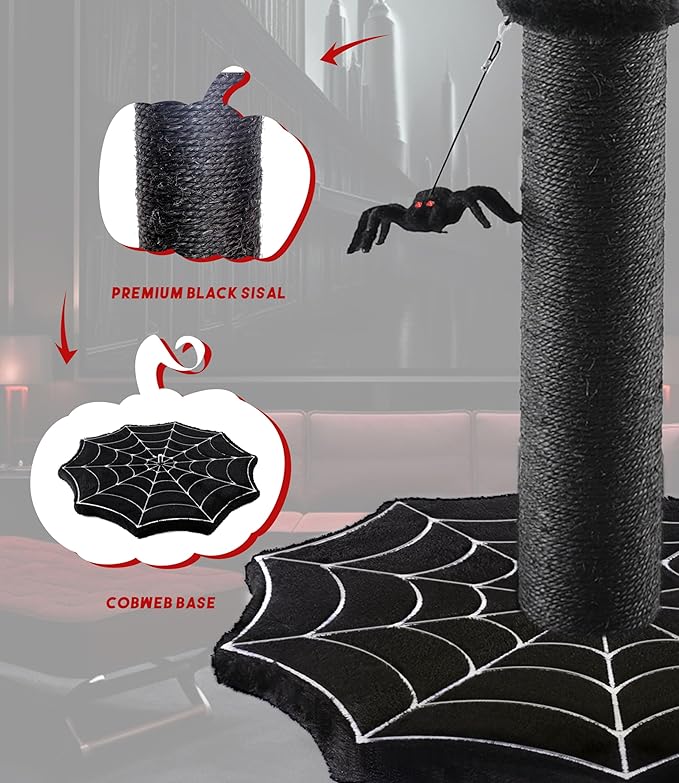 Gothic Cat Scratching Post with Spider Dangling Toys for Indoor Large Cats, Halloween Spooky Cat Scratcher,Activity Cat Play Center Cat Tree Tower Furniture with Cobweb Base,Black,Large