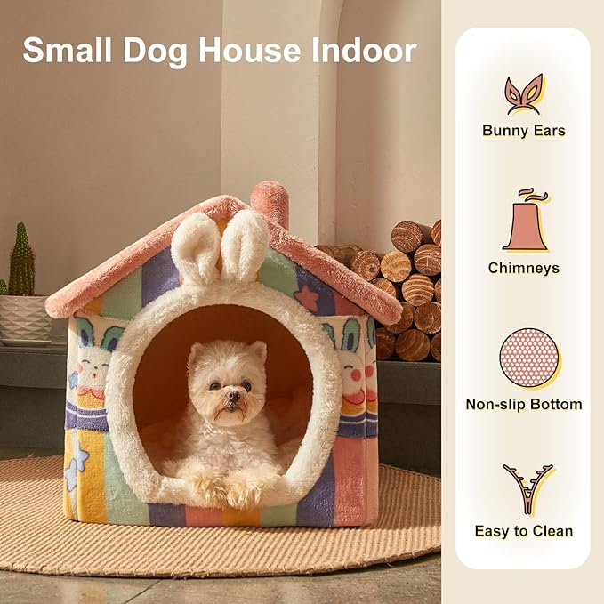 JIUPETY Cute Cat Houses for Indoor Cats, Dog Bed with Cover Cave, M Size Cat Cave Up to 15 Lbs Kittens and Puppy, Igloo Dog House with Non-Slip Bottom, Rainbow