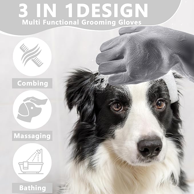 Pet Grooming Gloves—Heat Resistant Dog Washing Gloves with High-Density Teeth, Dog Bath Scrubber with Enhanced Five Finger Design, Silicone Gloves for Dogs and Cats Bathing, Massage (Gray)