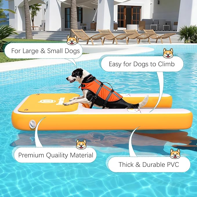 Inflatable Dog Boat Ramp, 47" L x 32" W x 6" H Perfect for Mid-Sized Pets Up to 220 lbs, Boat Water Ladder with Claw-Friendly High Stability Non-Slip EVA Float for Pool, Lake, Dock & Seat
