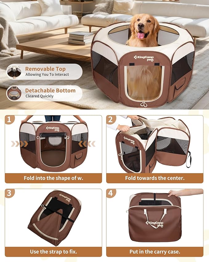 KingCamp Dog Playpen, Portable Foldable Cat Kitten Puppy Tent Crates 29"/36"/50" Pop Up Pet Playpen with Zippered Bottom & Cover for Indoor Outdoor Use (X-Large, Khaki)