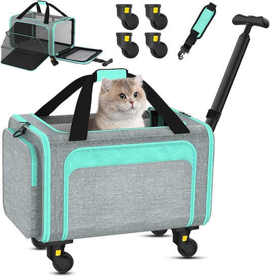 3-in-1 Upgraded Pet Carrier with Wheels, 18" x 11" x 11" TSA Airline Approved, Cat Carrier on Wheels for Small Cats Up to 15Lbs, Rolling Pet Carrier, Cat Soft-Sided Bag for Flying, Travel & Vet