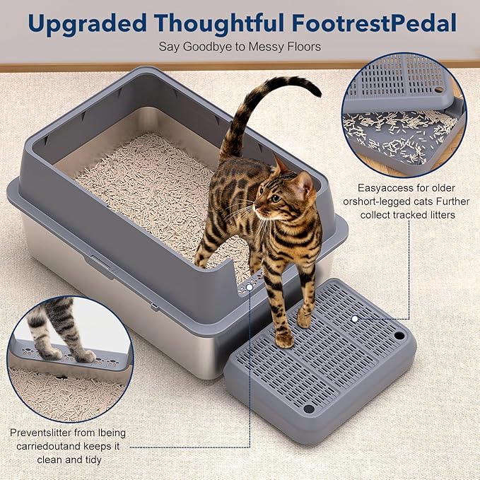 Stainless Steel Litter Box , 28"L*20"W*12"H XXL Extra Large Litter Boxes with lid ,Metal Litter Box with Hight Sides for Big Cats& Multiple Cats,Never Absorbs Odors, Anti-Urine Leakage, Easy Cleaning