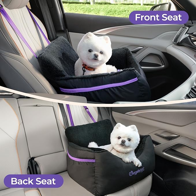 BurgeonNest Dog Car Seat for Small Dogs, Detachable and Washable Cat Carseats Under 25 lbs, Soft Pet Booster Seats with Storage Pockets and Clip-On Leash Portable Car Travel Carrier Bed, Black Purple