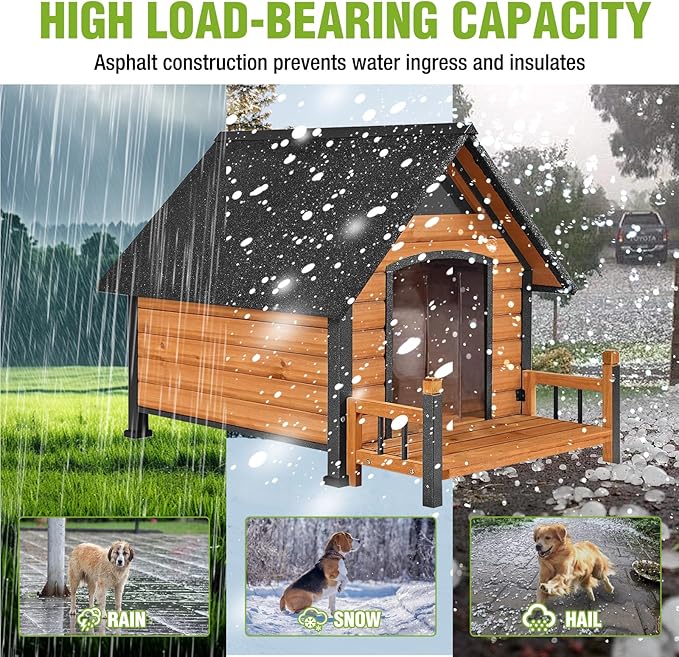 GUTINNEEN Outdoor Dog House Insulated Weatherproof Dog Kennel with Anti-Bite Metal Frame, Puppy Shelter with Insulated Liner and Porch for Small, Medium Large Dogs (Brown, 45’’ Medium)