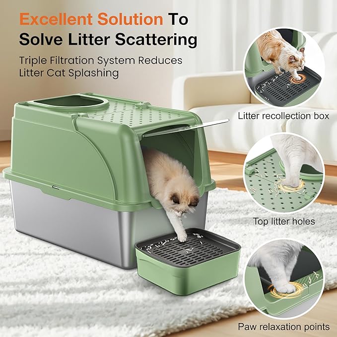 Stainless Steel Litter Box, XXL Large Metal Cat Litter Boxes, Dual Entrance Detachable Litter Box with Lid, 16.6'' High Wall Urine Leak Prevention with Cat Litter Scoop (Green)