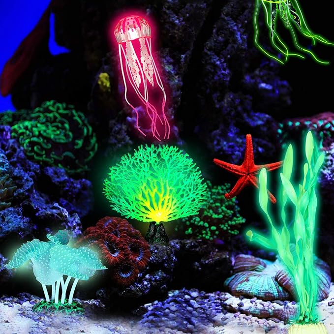 Frienda 8 Pieces Glowing Fish Tank Decorations Plants with 2 Style Glowing Kelp, Sea Anemone, Simulation Coral, Jellyfish, Lotus Leaf, Mushroom for Aquarium Fish Tank Ornament(Yellow, Pink)