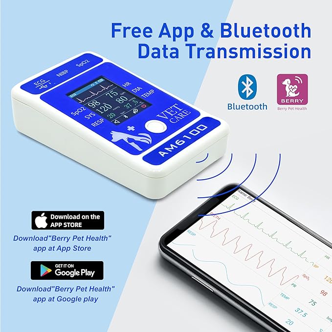 Handheld Veterinary Pulse Oximeter,Rechargeable Dog Blood Pressure Monitor, 6 Parameters Animal Patient Mnitoring Equipment with 2.4" Display and Bluetooth for Pets Cat Home Clinic Use