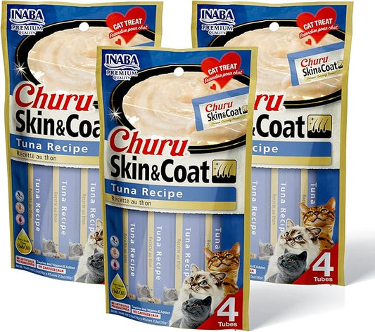 INABA Churu for Skin and Coat Lickable Purée Natural Cat Treats with Omega Oils, Taurine and Green Tea, 0.5 Ounces Each - Tuna Recipe (12 Tubes)