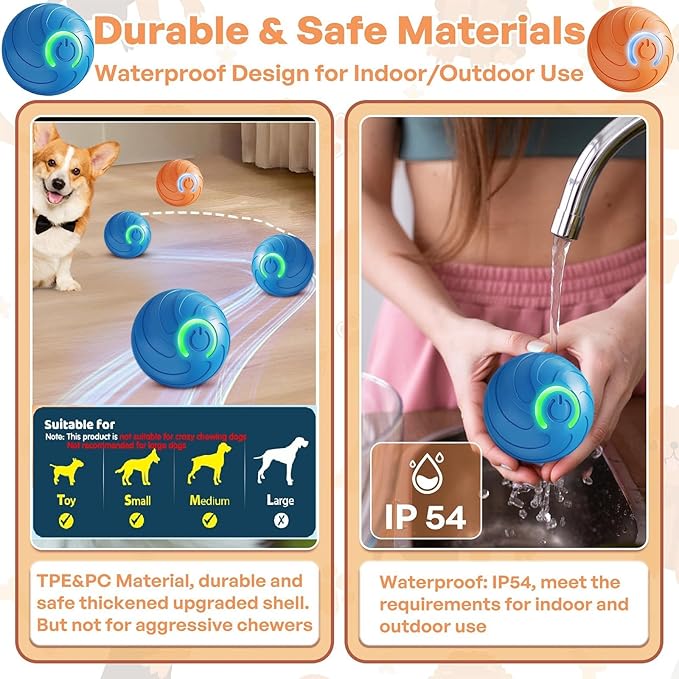 Smart Jumping Ball for Dogs & Cats Duraspin Dog Bouncing Ball Random Path Electric Automatic Moving and Rolling Pets Toy Interactive Jumping Vibrating Bouncing Balls for Puppy Toys（2PCS：Blue+Orange）