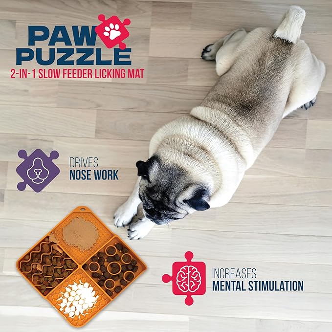 Palz&Co Paw Puzzle 2-in-1 Slow Feeder & Lick Mat for Dogs and Cats, Dry and Wet Food, Dishwasher Safe Silicone, Small 8"x8", Orange
