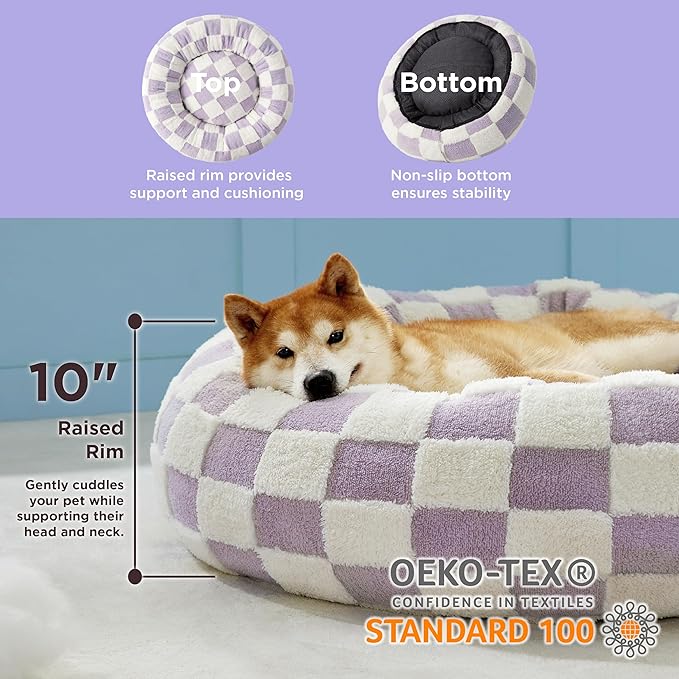 LE SURE Donut Large Dog Bed - Round Cat Beds for Indoor Anti-Anxiety Calming Pet Beds, Washable Cute Modern Beds with Teddy Sherpa Plush & Anti Slip Bottom, 36 Inch, Purple