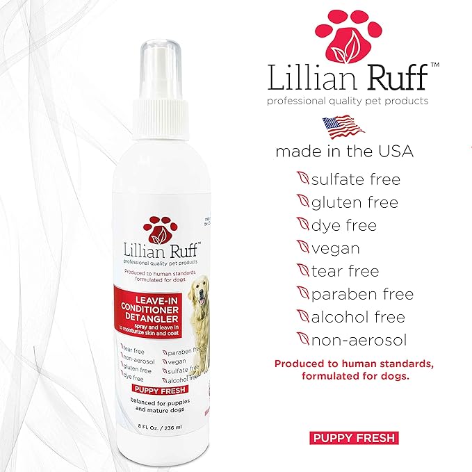 Lillian Ruff Leave-in Dog Conditioner & Detangler Spray - pH Balanced After-Bath No Rinse Dog Conditioning Spray - Silky Shine Spray for Dry Skin, Itch Relief, Detangling & Dematting (8oz/Brush)