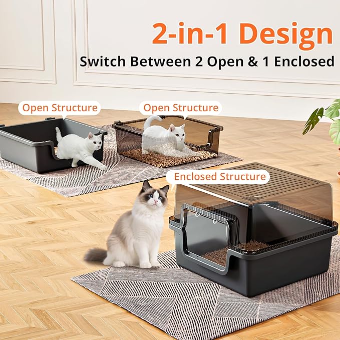 Oneluck Large Covered Cat Litter Box with Scoop and Transparent Lid, Non-Stick, Durable, Easy-Clean Pan for Multi-Cat Households,XL,Black