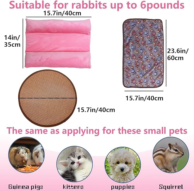 Hamiledyi 3PCS Rabbit Bed Mat 15.7x14 Inch Bunny Bed Soft Snuggle Pad Pillow Machine Washable Joint Support Guinea Pig Squirrel Hedgehog Ferret Kitten (Pink)