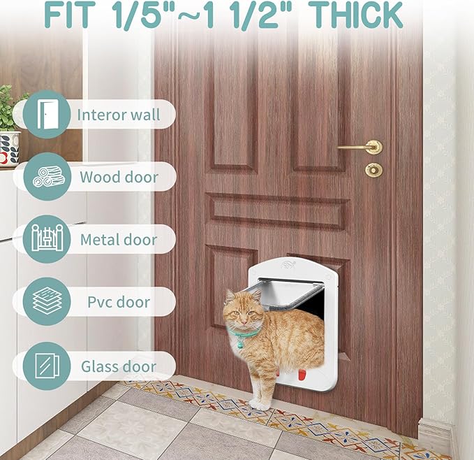 HIDROSIL Cat Door with Collar Sensor, Pet Door with Magnetic Keys and 2 Sensor Keys, 4 Locking Ways, Suitable for Interior/Exterior Use, White Frame 11.5 x 9 x 1.5 inches