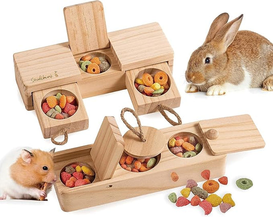 SoulThink® Interactive Wooden Pet Rabbit Toys - Sniff n' Snack Bunny Chew Toys for Rabbit Treats, Suited as Guinea Pig Toys, Hamster Toys for Boredom, Bunny Toys for Rabbits Keep Busy (2 Sets)