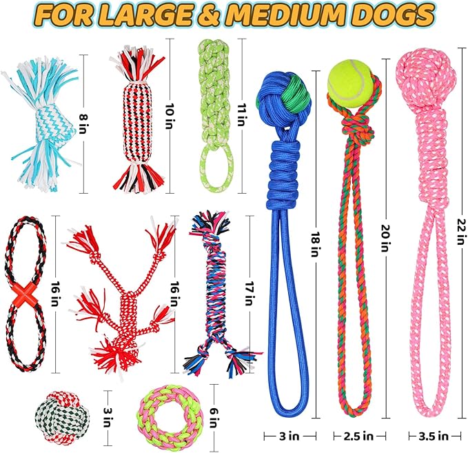 11 Pack Various Heavy Duty Dog Rope Toys for Large & Medium Dogs Teething, Entertainment & Interaction, Chew Toys with Rope, Training Balls and Dog Squeaky Toys