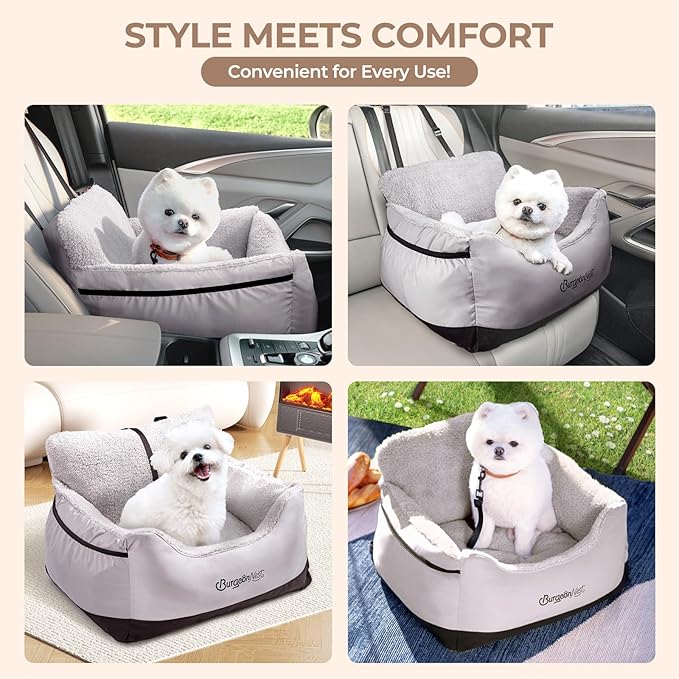 BurgeonNest Dog Car Seat for Small Dogs, Detachable and Washable Cat Carseats Under 25 lbs, Soft Pet Booster Seats with Storage Pockets and Clip-On Leash Portable Car Travel Carrier Bed, Black Grey