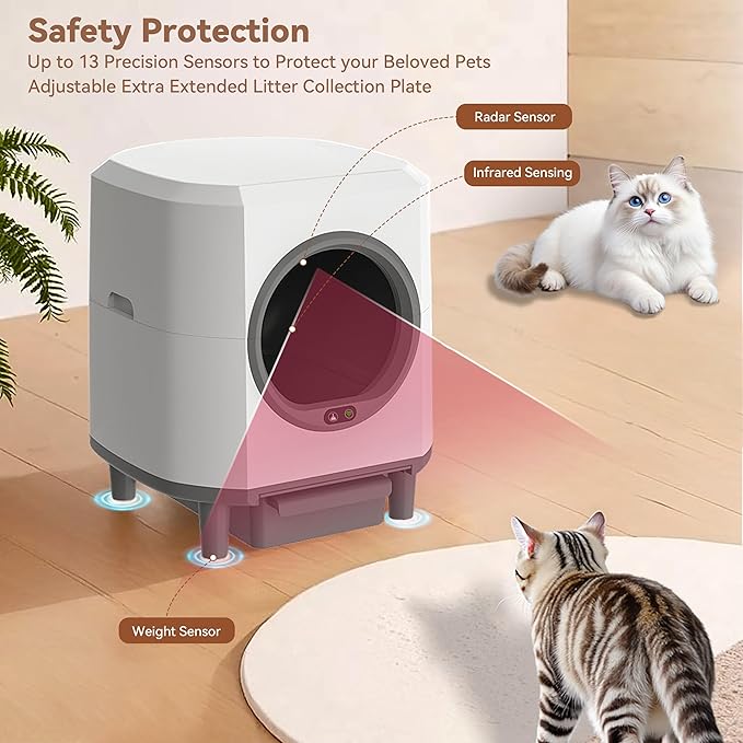 Self Cleaning Litter Box,90L Automatic Cat Litter Box Self Cleaning App-Controlled,Dual Safety Protection,1 Rolls Garbage Bags,White
