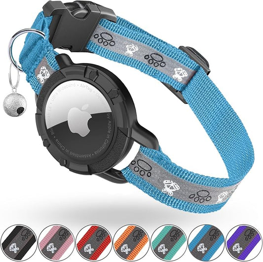 Reflective AirTag Cat Collar, Integrated Cat Tracker Collar with Air Tag Holder and Bell, Safety Elastic Band Cat GPS Collars for Girl Boy Cats, Kittens and Puppies (Blue, XS)