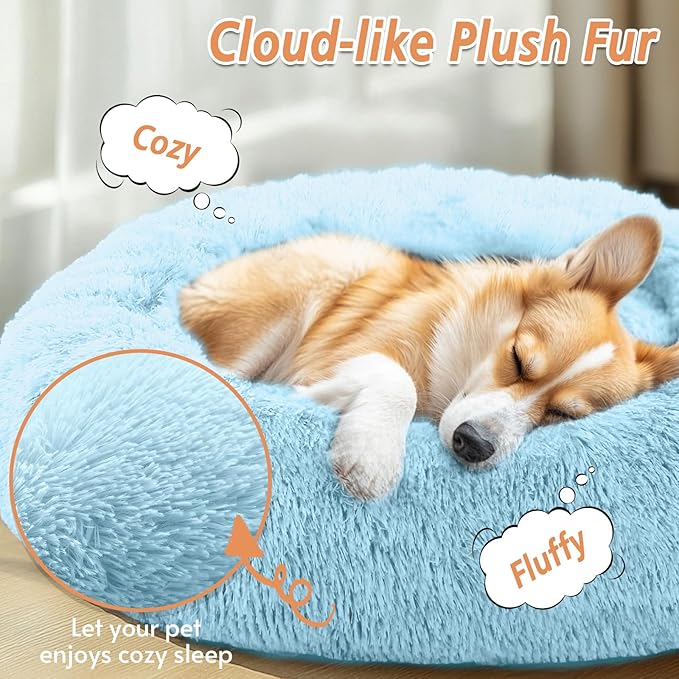 JOLLYVOGUE Calming Dog & Cat Bed for Small Dogs, Anti-Anxiety Donut Cuddler Cozy Soft Round Bed with Anti-Slip Bottom, Fluffy Faux Fur Plush Cushion Beds for Small Medium Pets (20")