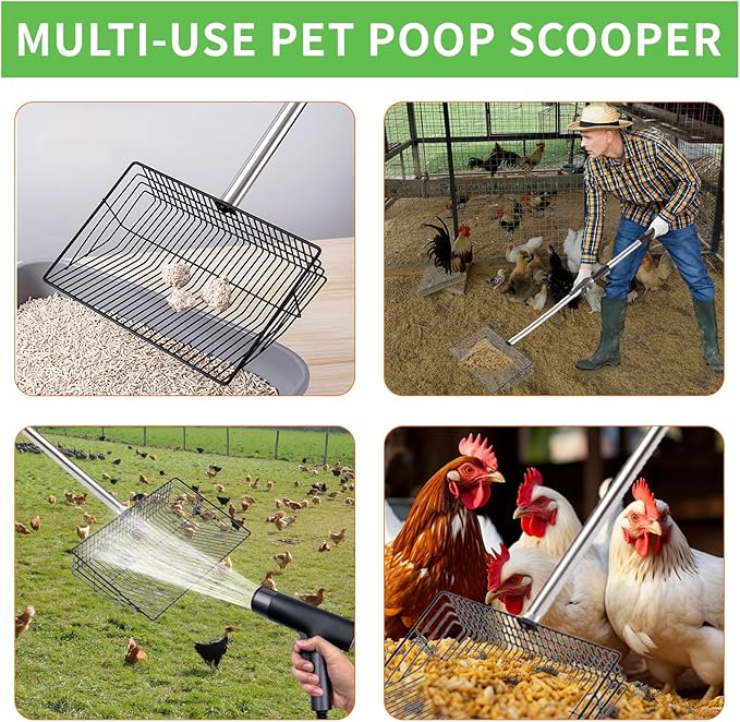 Large Chicken Poop Scooper, Metal Coop Scoop with 32" to 67" Adjustable Long Stainless Steel Handle, Chicken Poop Scooper for Sand with Heavy Duty Sifting Shovel for Chicken/ Horse/ Pet Coops (10 IN)