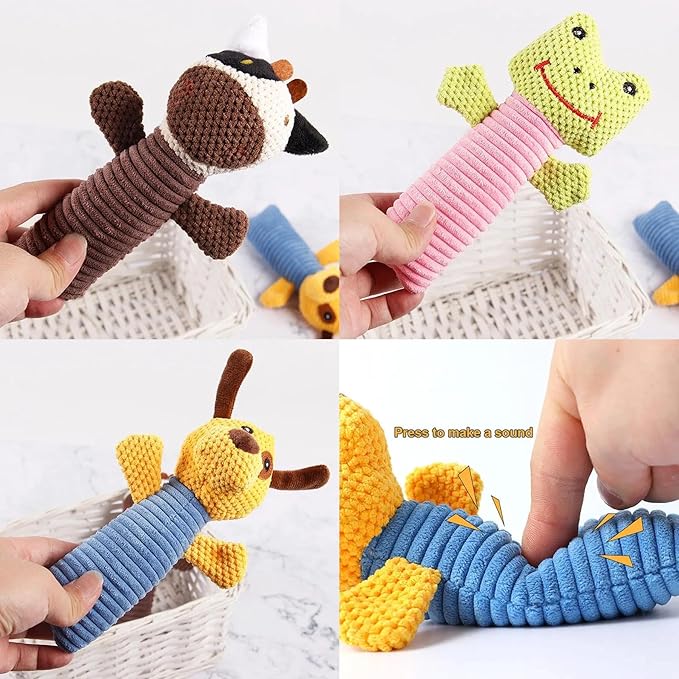 3 Piece Dog Toy Set — Stuffed Animals Chew Toy, Pet Squeakers Toys for Dogs — Durable Puppy Plush Toy Medium, Small Breed Outdoor, Indoor Chewers Squeaky Toys for Puppies — Calf, Frog, Puppy